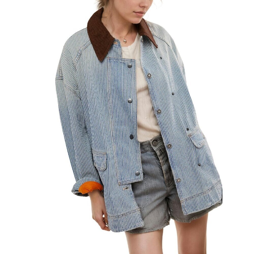 Oversized Denim Jacket with Corduroy Collar, Button Down, Long Sleeve